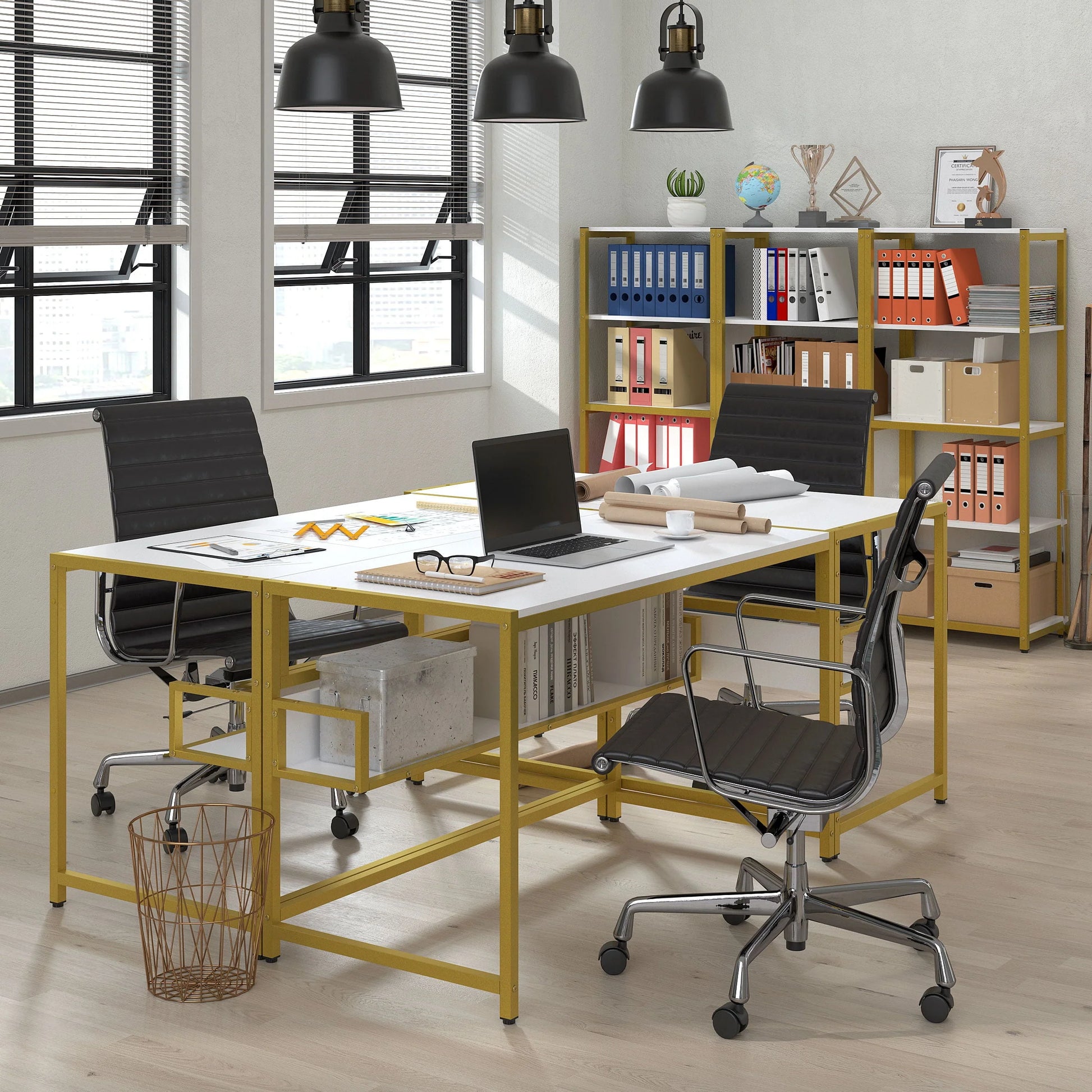 Yoneston 47" Office Computer Desk with 5 Tier Storage Shelves, Reversible Writing Desk Workstation with DIY Bookshelf and Tower Shelf for Home Office Corner Desk, White