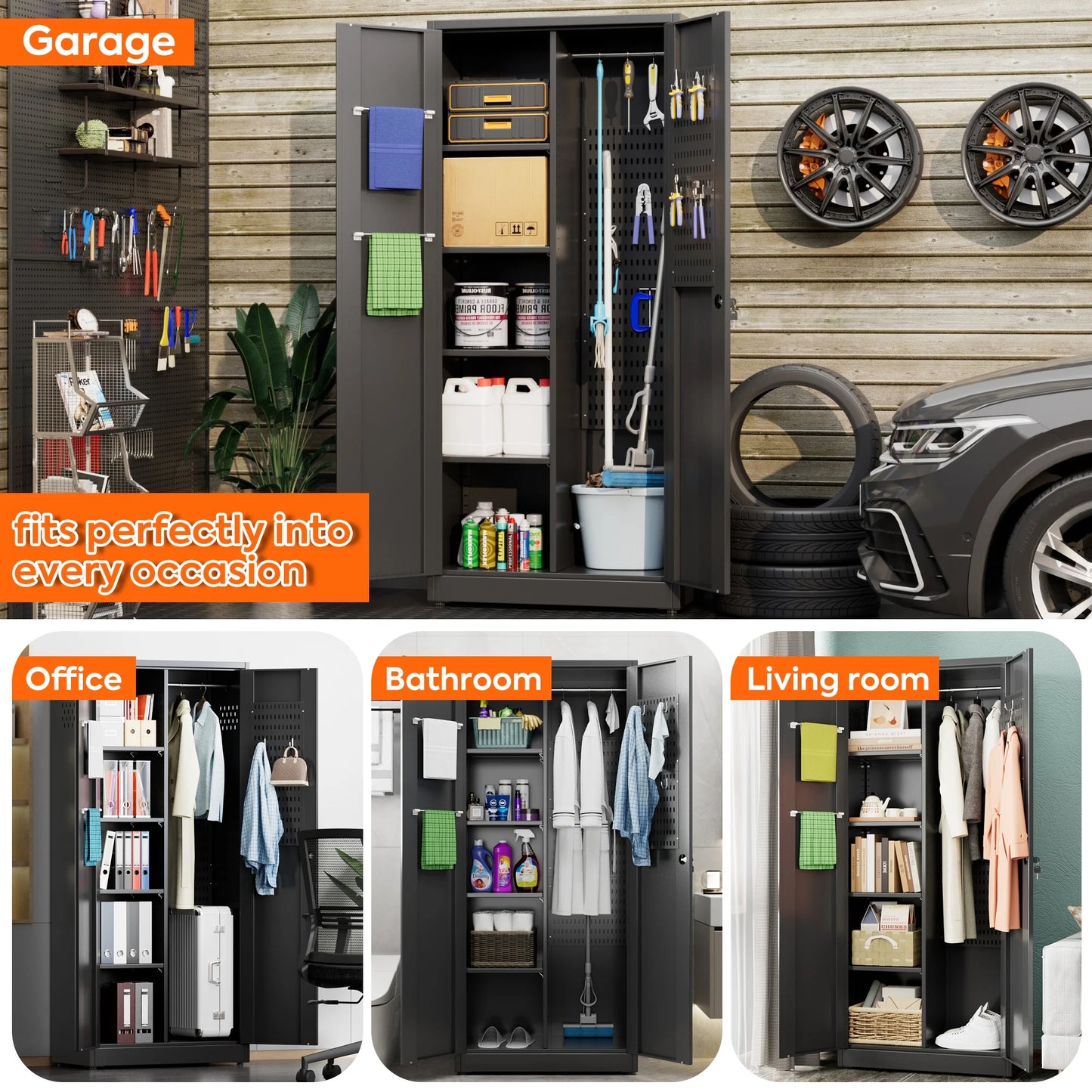 Aobabo 71.41''H Metal Garage Storage Cabinet with Lockable Doors and Hanging Rod,Broom Closet Storage Cabinet with Pegboard and Adjustable Shelves for Home Office School,Required Assembly,Black