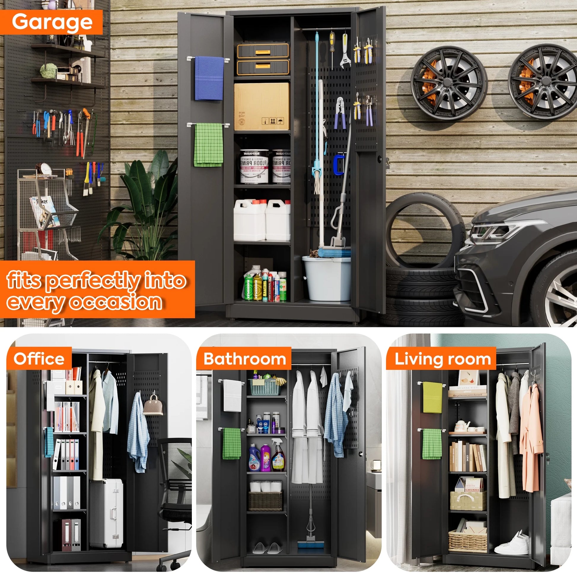 Aobabo 71.41''H Metal Garage Storage Cabinet with Lockable Doors and Hanging Rod,Broom Closet Storage Cabinet with Pegboard and Adjustable Shelves for Home Office School,Required Assembly,Black