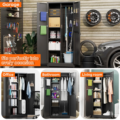 Aobabo 71.41''H Metal Garage Storage Cabinet with Lockable Doors and Hanging Rod,Broom Closet Storage Cabinet with Pegboard and Adjustable Shelves for Home Office School,Required Assembly,Black