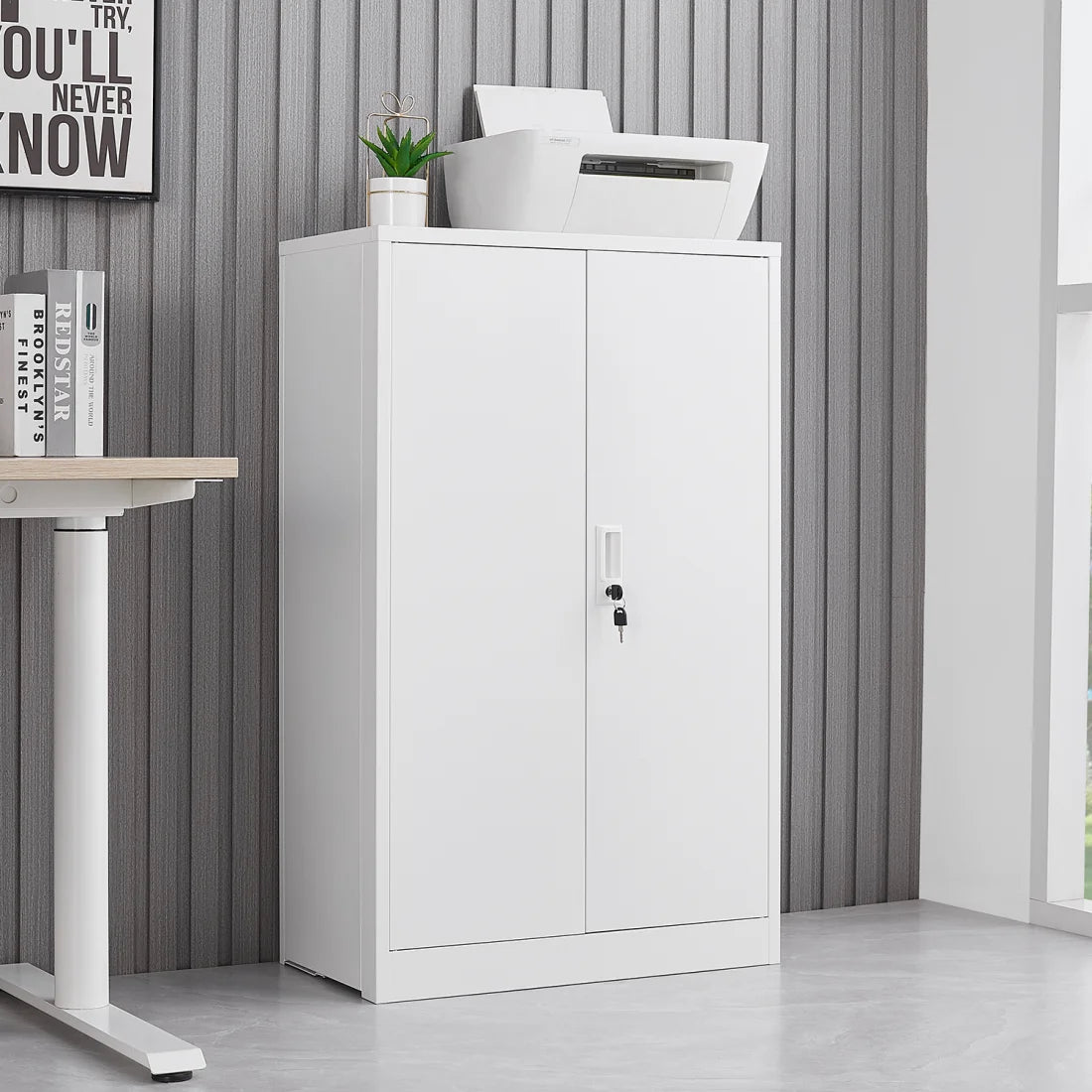 Metal Storage Cabinet, Folding Filing Storage Cabinet with Locking Doors and 2 Adjustable Shelves, Freestanding Steel Storage Cabinet for Home Office School Garage, White