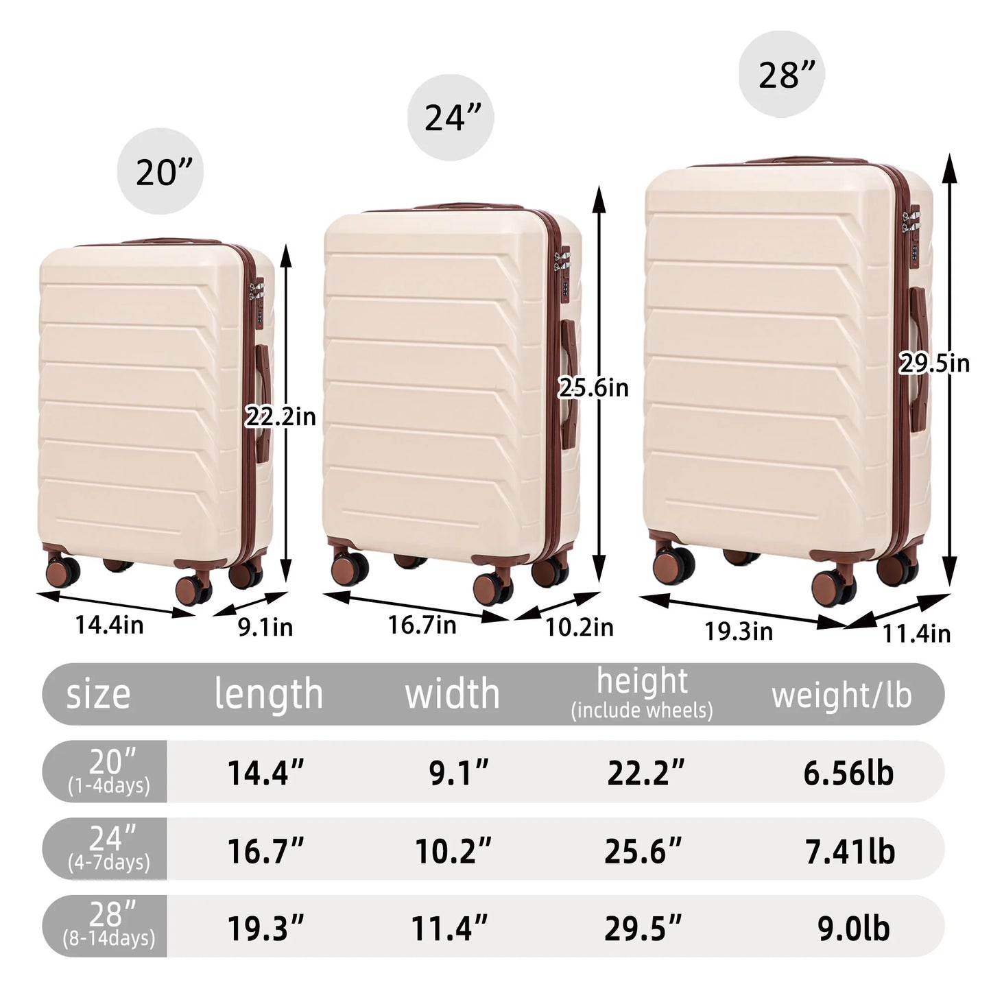 PAPROOS 3 Piece Luggage Set, ABS Carry-on Luggage Set with Spinner Wheels and TSA Lock, Lightweight Hardside Luggage, 20/24/28 Inch Rolling Suitcase Set for Travel Business Trip, Beige