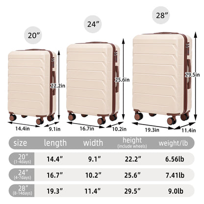 PAPROOS 3 Piece Luggage Set, ABS Carry-on Luggage Set with Spinner Wheels and TSA Lock, Lightweight Hardside Luggage, 20/24/28 Inch Rolling Suitcase Set for Travel Business Trip, Beige