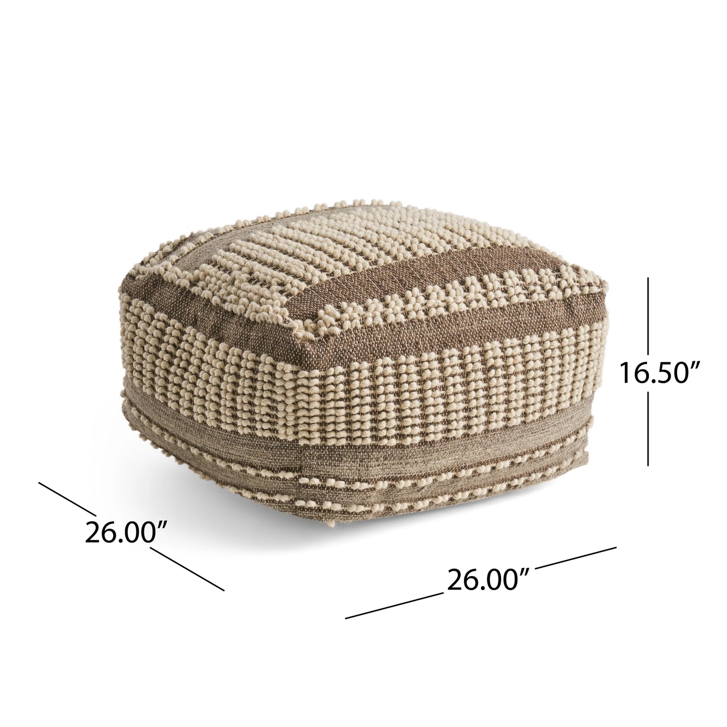 Hellen Boho Wool and Cotton Large Ottoman Pouf, Gray and White