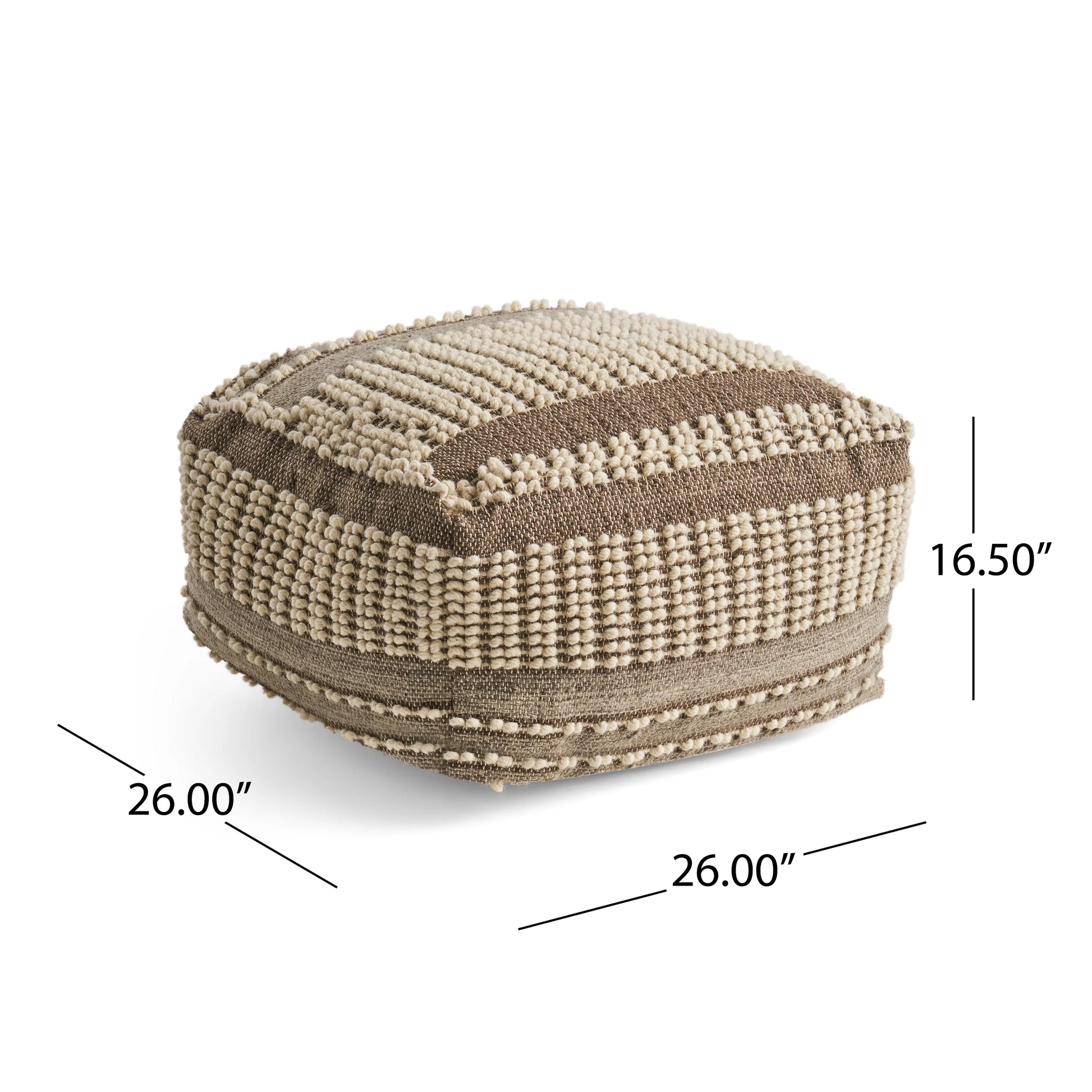 Hellen Boho Wool and Cotton Large Ottoman Pouf, Gray and White