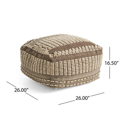 Hellen Boho Wool and Cotton Large Ottoman Pouf, Gray and White