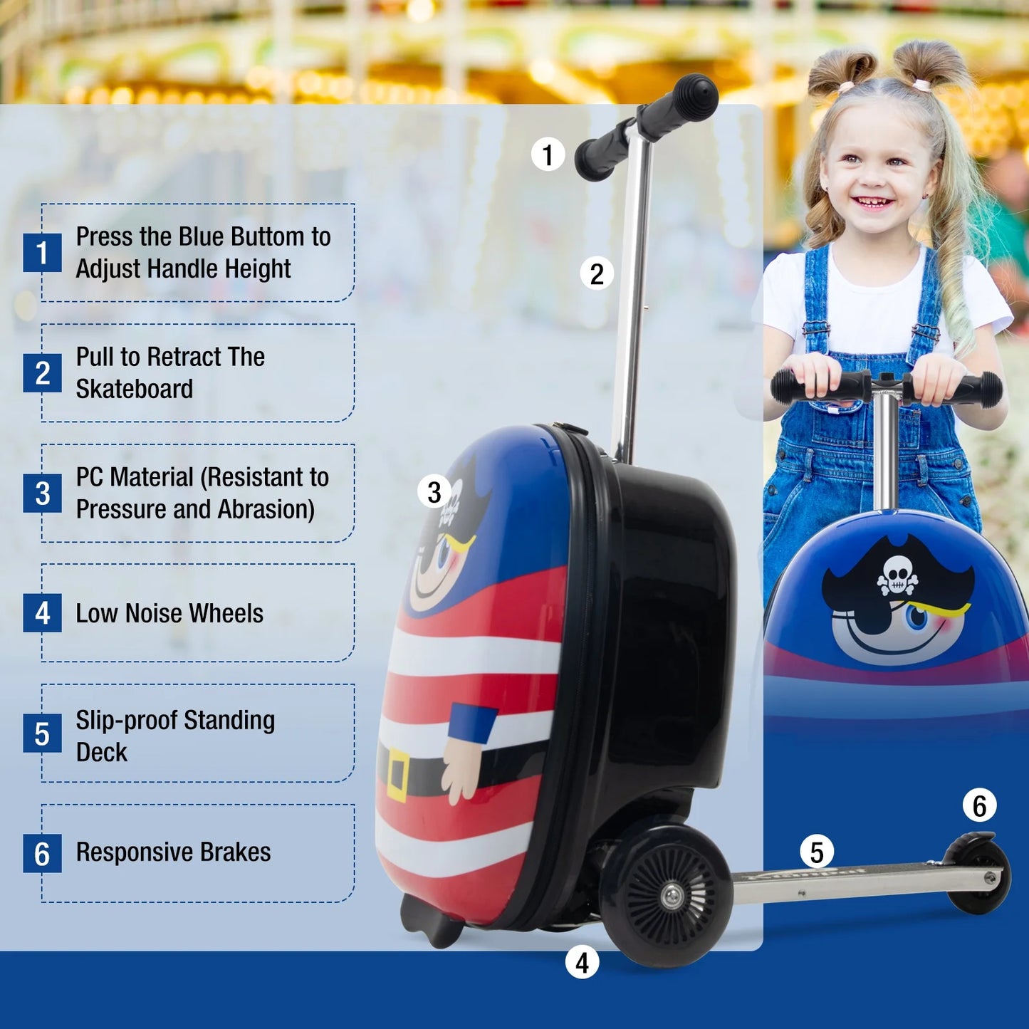 Kids Luggage Scooter, 3-Level Height Adjustable, Pirate Theme Foldable Carry-On Suitcase, Lightweight Ride-On Scooter