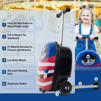 Kids Luggage Scooter, 3-Level Height Adjustable, Pirate Theme Foldable Carry-On Suitcase, Lightweight Ride-On Scooter