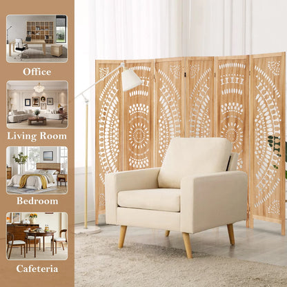 Aletheiawu 6 Panel Wood Carved Room Dividers, Folding Screens, No Installation Required, Light Brown
