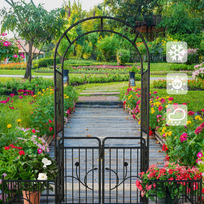 Dextrus Metal Garden Arch with Planter Boxes and Gate, Elegant Wedding Arch Climbing Plants Party Decoration for Outdoor Lawn