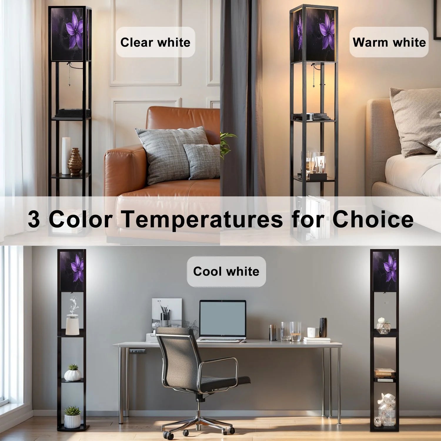 Floor Lamp with Shelves Corner Display Bookshelf Lamp for Living Room and Bedroom Purple Purple Wall Decor Purple Flower LED Modern Shelf Floor Lamp 3 Color Temperature
