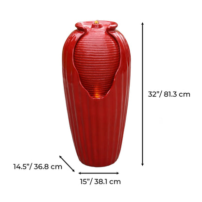 Teamson Home Indoor/Outdoor Contemporary Glazed Contoured Vase Water Fountain with LED Lights, Red