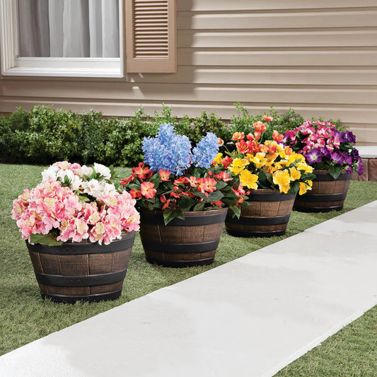 Fox Valley Traders Realistic Wood-Look Barrel Planters, Lightweight Durable Plastic, Set of 4, Each 8°?High x 13" dia.