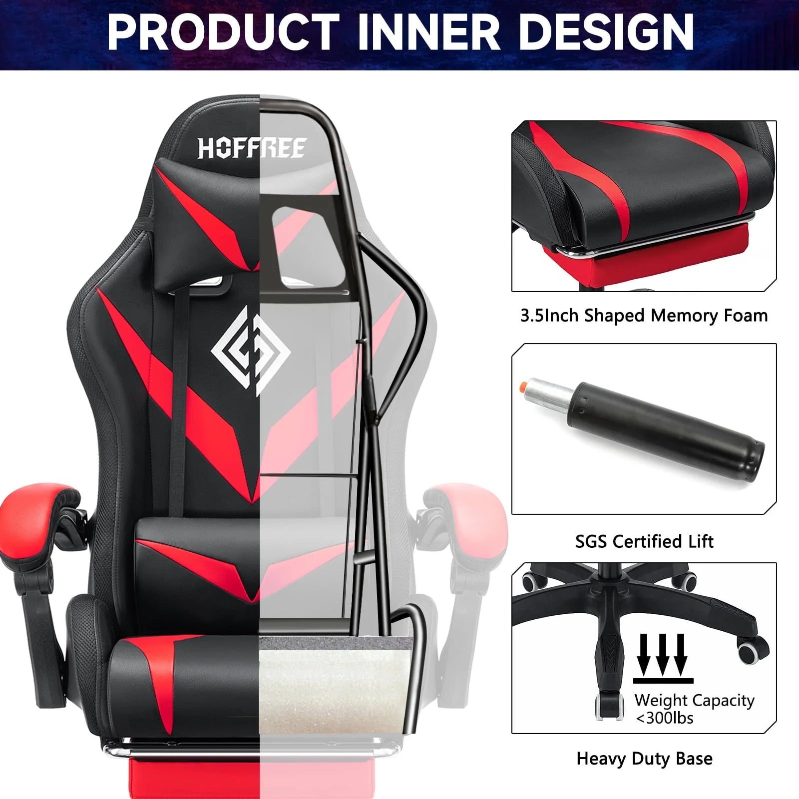 Hoffree Gaming Chair with Bluetooth Speakers Office Chair with Footrest and LED Lights Ergonomic Gaming Chairs High Back with Lumbar Support and Headrest Adjustable Swivel for Home Office 300lb