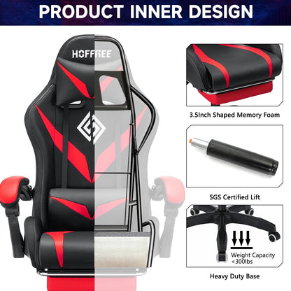 Hoffree Gaming Chair with Bluetooth Speakers Office Chair with Footrest and LED Lights Ergonomic Gaming Chairs High Back with Lumbar Support and Headrest Adjustable Swivel for Home Office 300lb