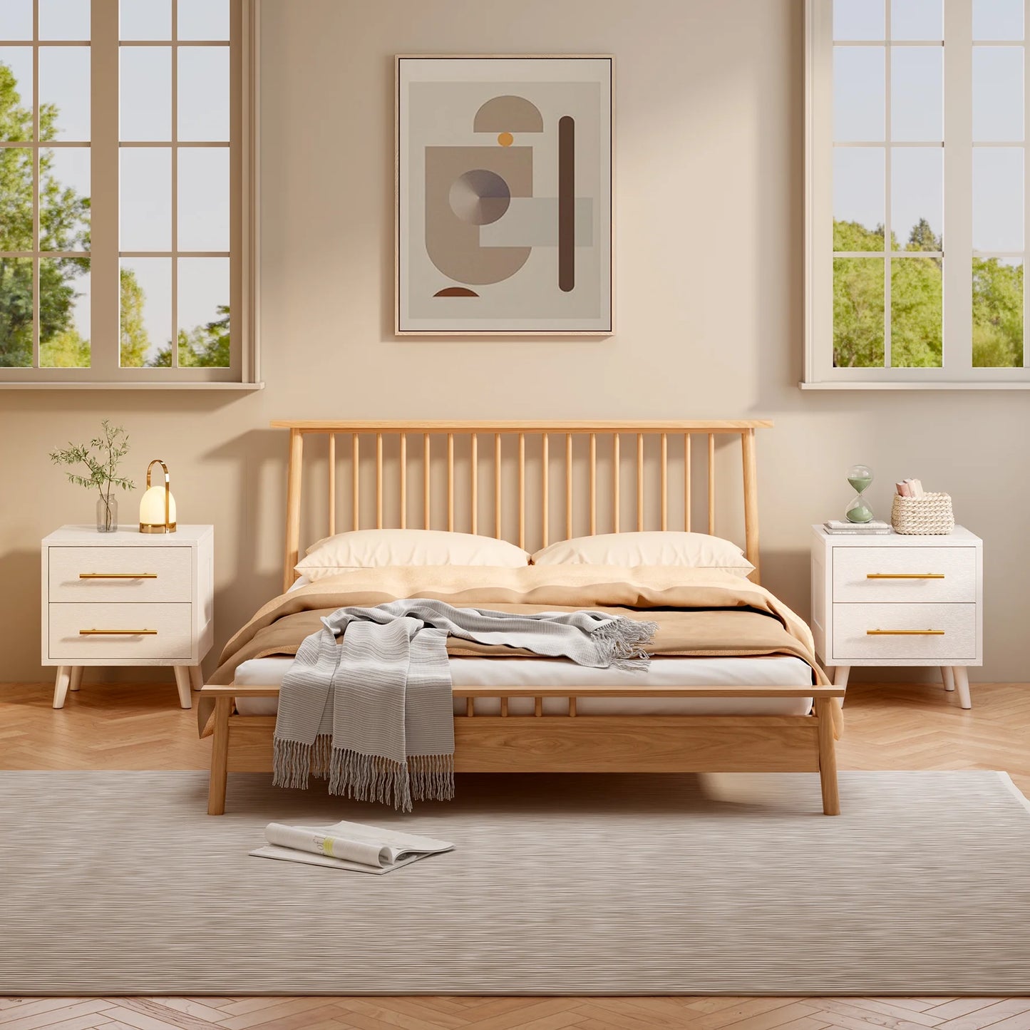 Bedroom Furniture Set - Includes Queen Bed Frame, Nightstands Set of 2, 5-Drawer Dresser & Vanity Desk - Modern Storage Solution for Stylish Home Decor, Beige/White