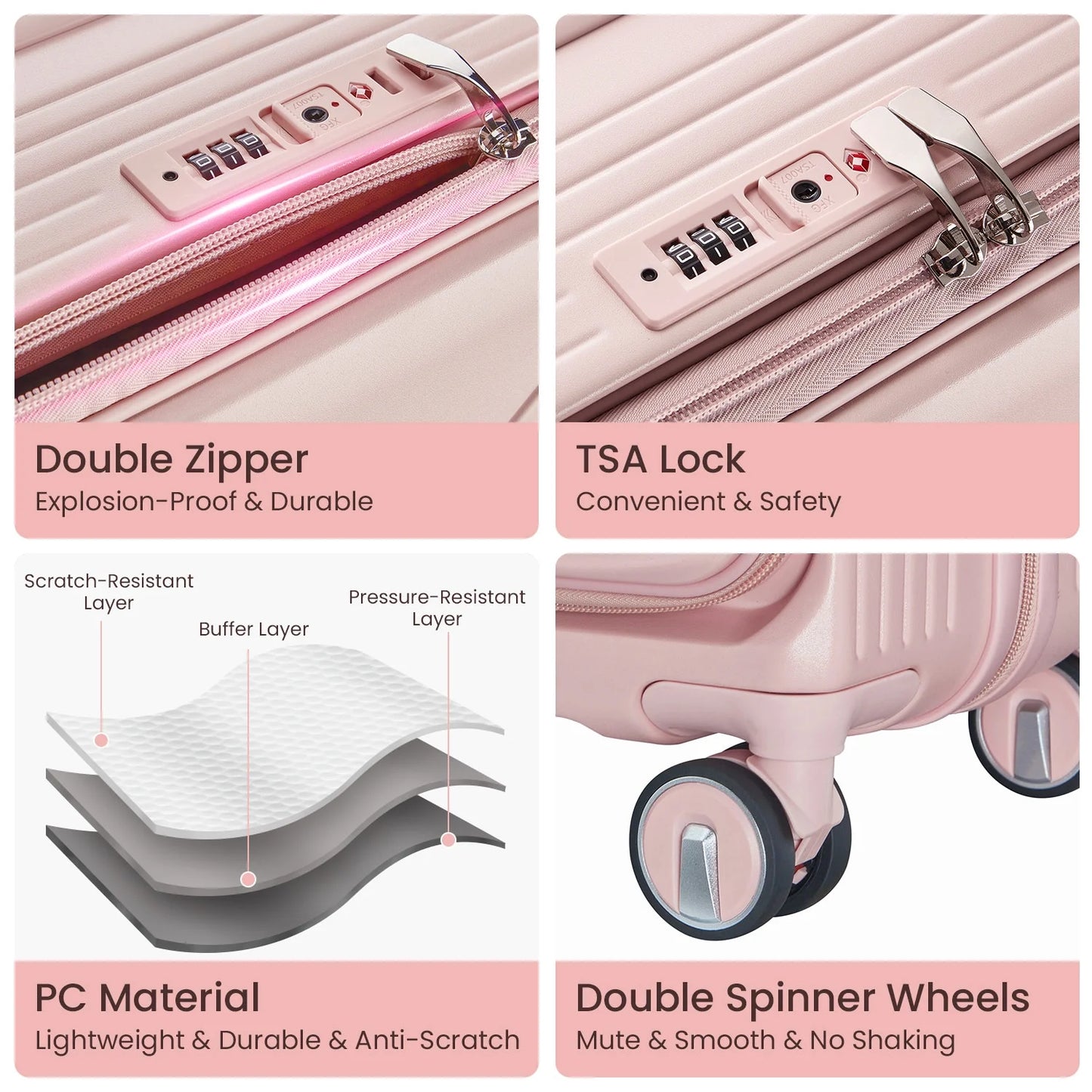 3 Piece Luggage Set Lightweight Suitcase with TSA Lock, PC Hard Shell Travel Luggage with Front Pocket and Spinner Wheels, Pink (20in24in28in)
