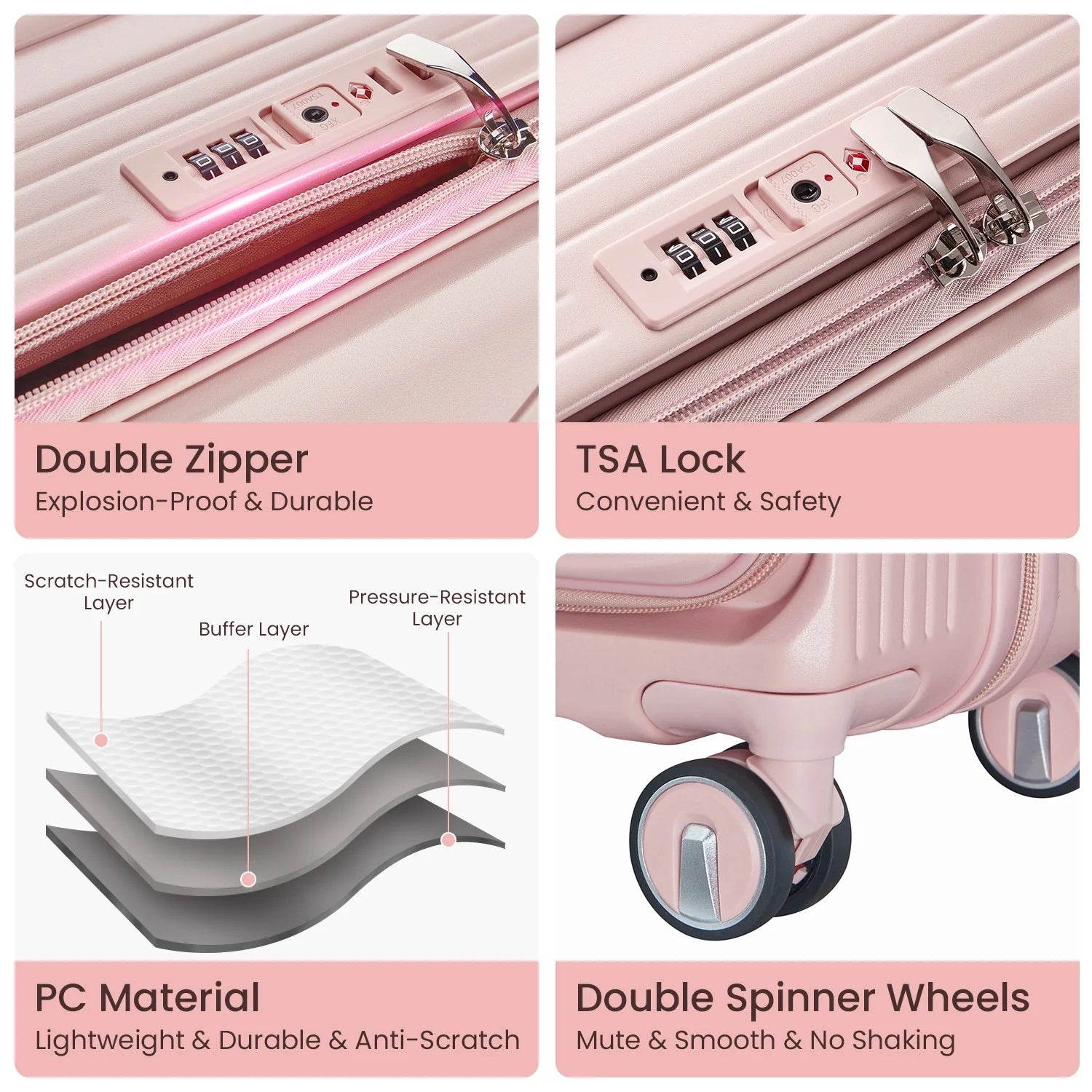 3 Piece Luggage Set Lightweight Suitcase with TSA Lock, PC Hard Shell Travel Luggage with Front Pocket and Spinner Wheels, Pink (20in24in28in)
