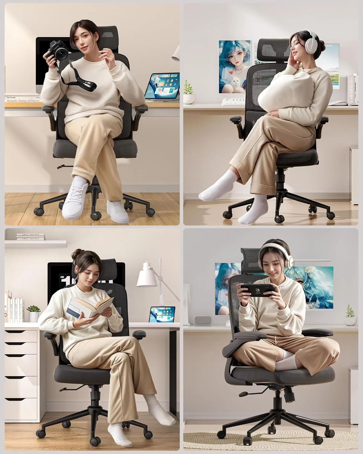 Hbada P1 Ergonomic Office Chair, Desk Chair with Adjustable Lumbar Support, Home Office Desk Chair with 2D Headrest, Flip-up Armrest, Swivel Computer Chair, Black