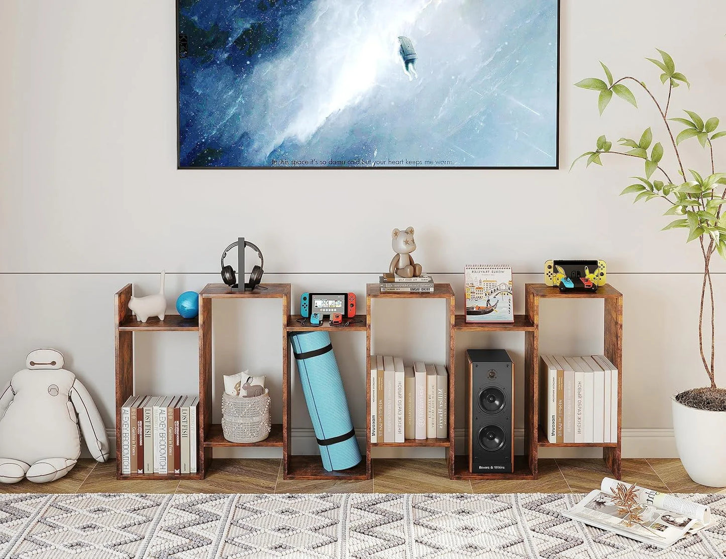 Geometric Bookcase, Bookshelf 6-Tier S Shaped Book Shelves For Bedroom, Modern Wood Decorative Display Shelf Tall Book Case For Home Office, Rustic Brown