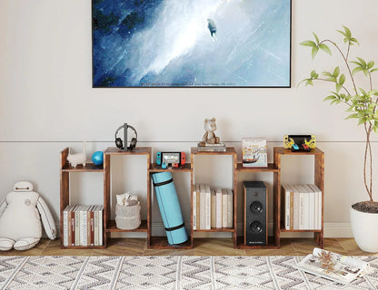 Geometric Bookcase, Bookshelf 6-Tier S Shaped Book Shelves For Bedroom, Modern Wood Decorative Display Shelf Tall Book Case For Home Office, Rustic Brown