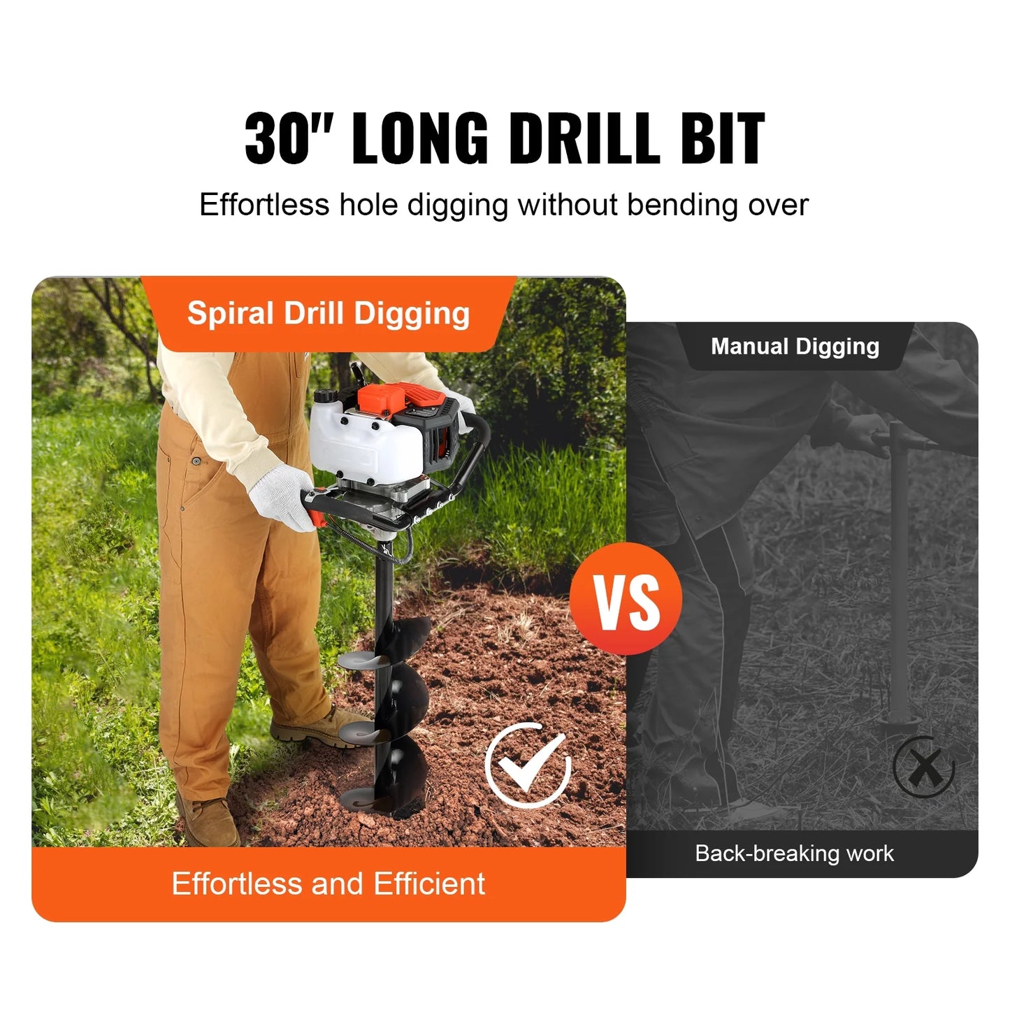 KFFKFF Earth Excavator, 43cc 1250W Soil Borer, Gas-Operated Ground Driller with 8" Soil Drilling Bit, 30-inch Long Alloy Steel Borer, Suitable for Agricultural Land, Gardens and Plants, EPA Certified