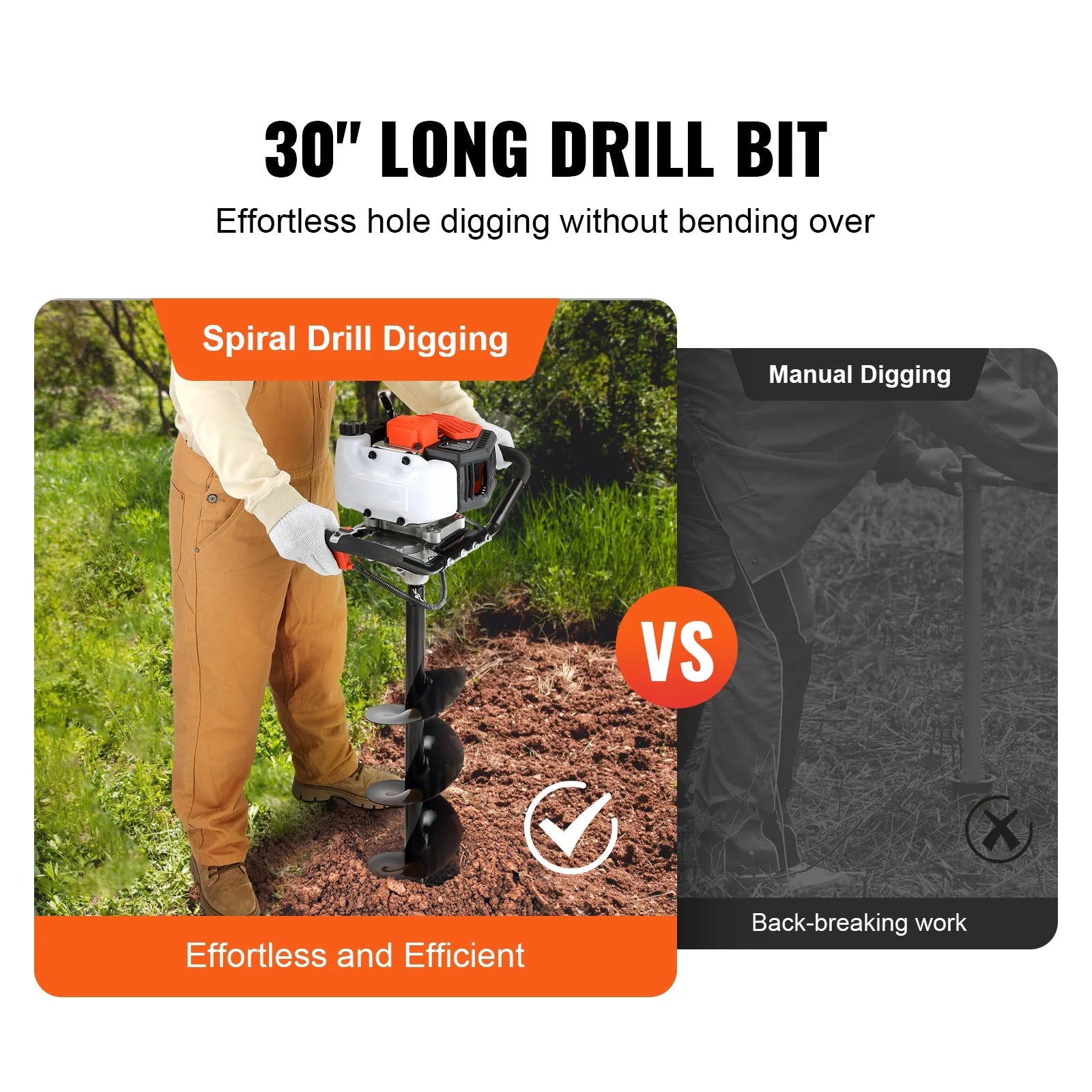 KFFKFF Earth Excavator, 43cc 1250W Soil Borer, Gas-Operated Ground Driller with 8" Soil Drilling Bit, 30-inch Long Alloy Steel Borer, Suitable for Agricultural Land, Gardens and Plants, EPA Certified