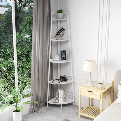 Hassch 5-Tier Industrial Corner Bookcase 70" Wood Ladder Shelf Rustic Bamboo Stand for Living Room, Kitchen, Home Office, White