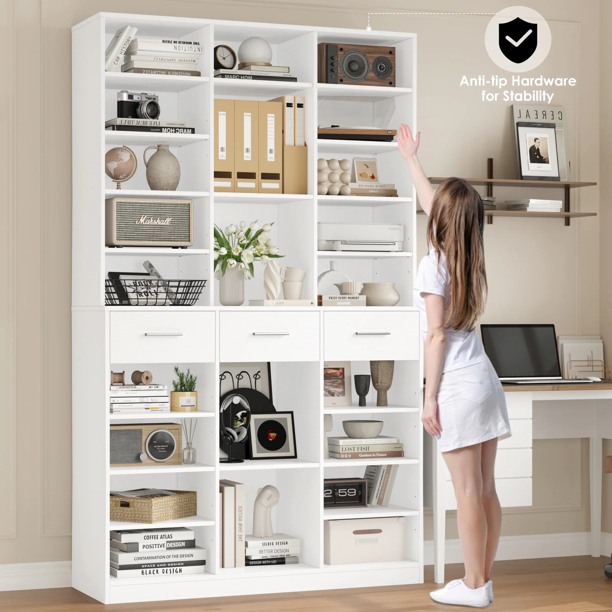 Homfa 75-Inch Bookshelf and Bookcase with 3 Drawers, Wooden Storage Book Shelf with Adjustable Shelves For Living Room, Home Office, White