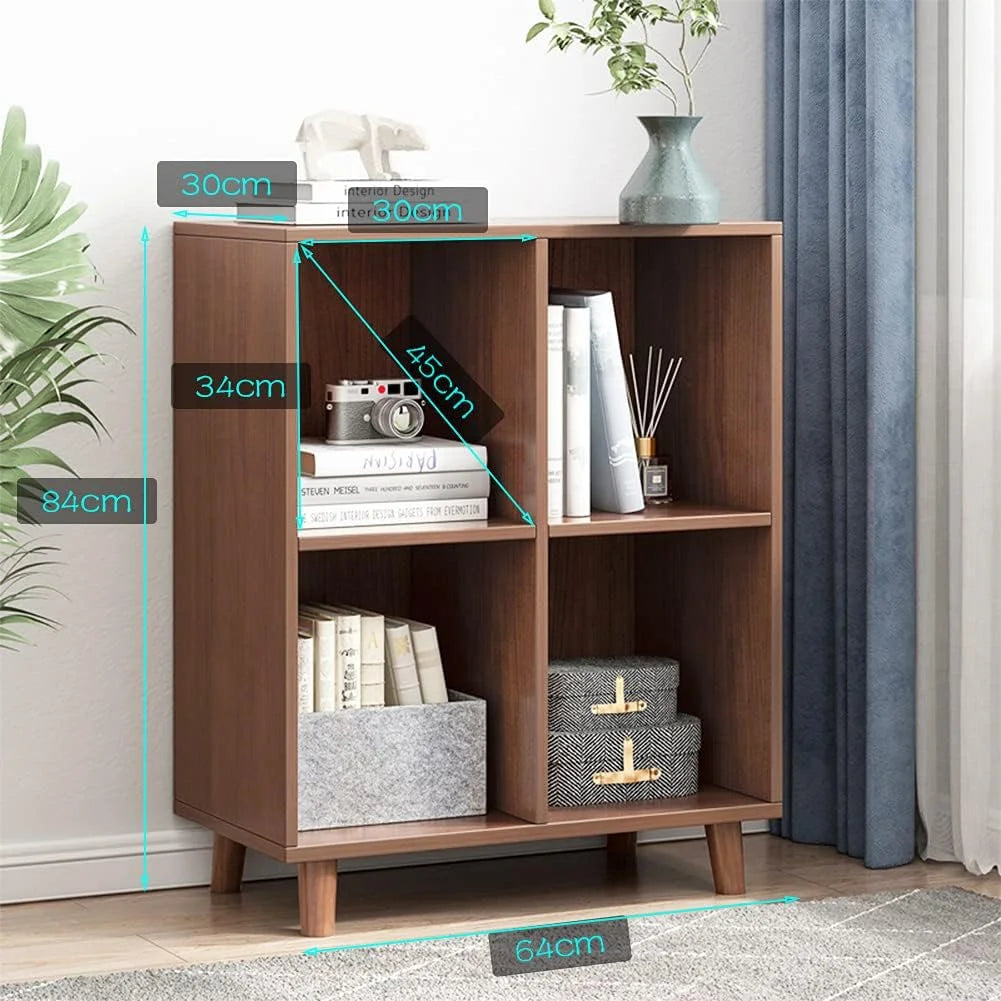 Freestanding Open Cubes Bookcase - 2-Tier Floor Standing Wooden Storage Display Cabinet Organizer with Legs for Home Office, 4-Cubes Open Shelf Low Short Bookshelf, Walnut