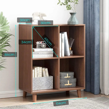 Freestanding Open Cubes Bookcase - 2-Tier Floor Standing Wooden Storage Display Cabinet Organizer with Legs for Home Office, 4-Cubes Open Shelf Low Short Bookshelf, Walnut