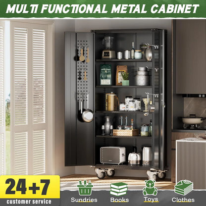 SOLAURA Metal Storage Cabinet with Wheels and Pegboard, 72" Black Garage Rolling Cabinet with 4 Adjustable Shelves, Lockable Tool Storage Cabinets for Home Office