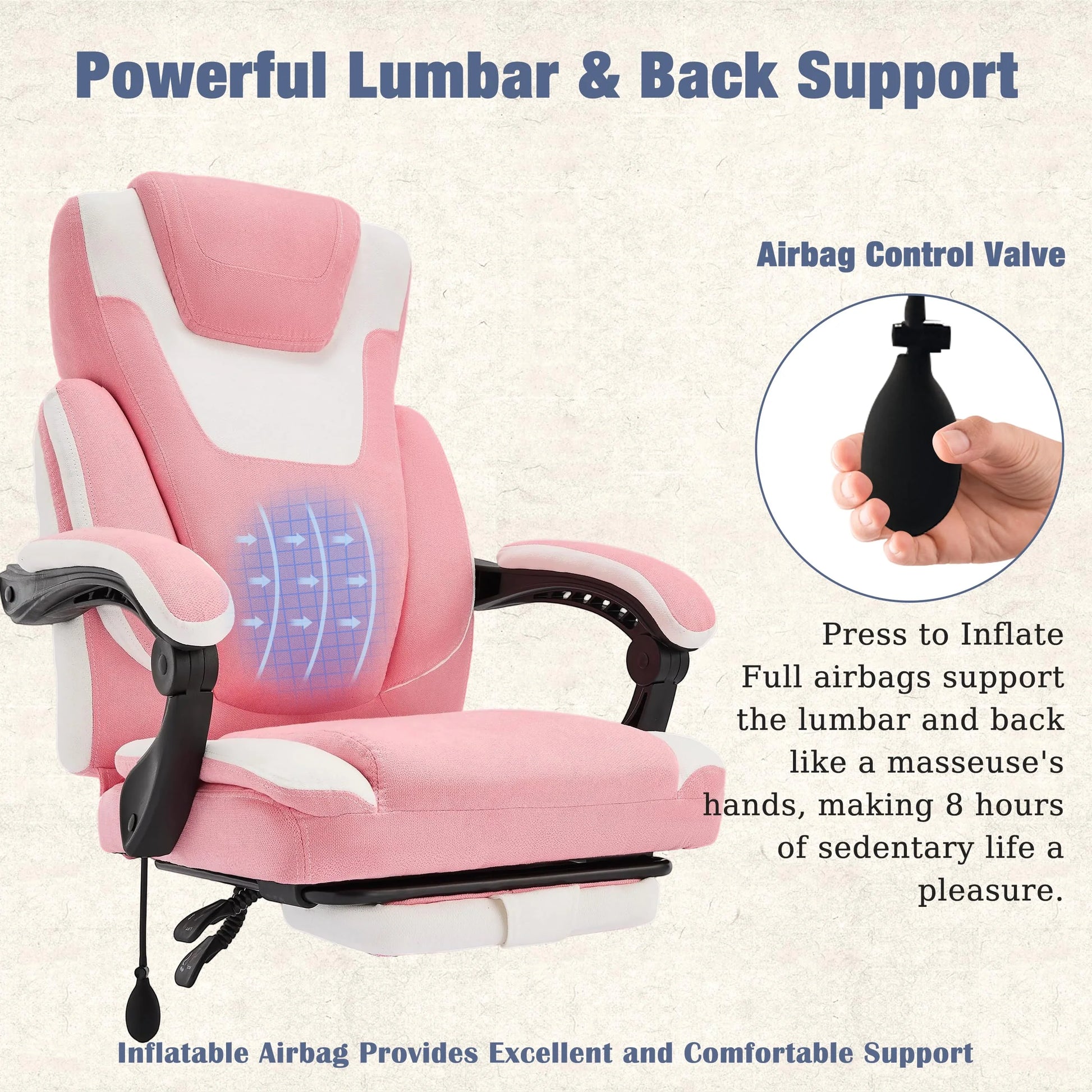 JONPONY Big and Tall Office Chair 400lbs, Executive Reclining Office Chairs with Footrest, High Back Home Office Chair Thick Padded Armrests, Ergonomic Adjustable Lumbar Support, PinkWhite