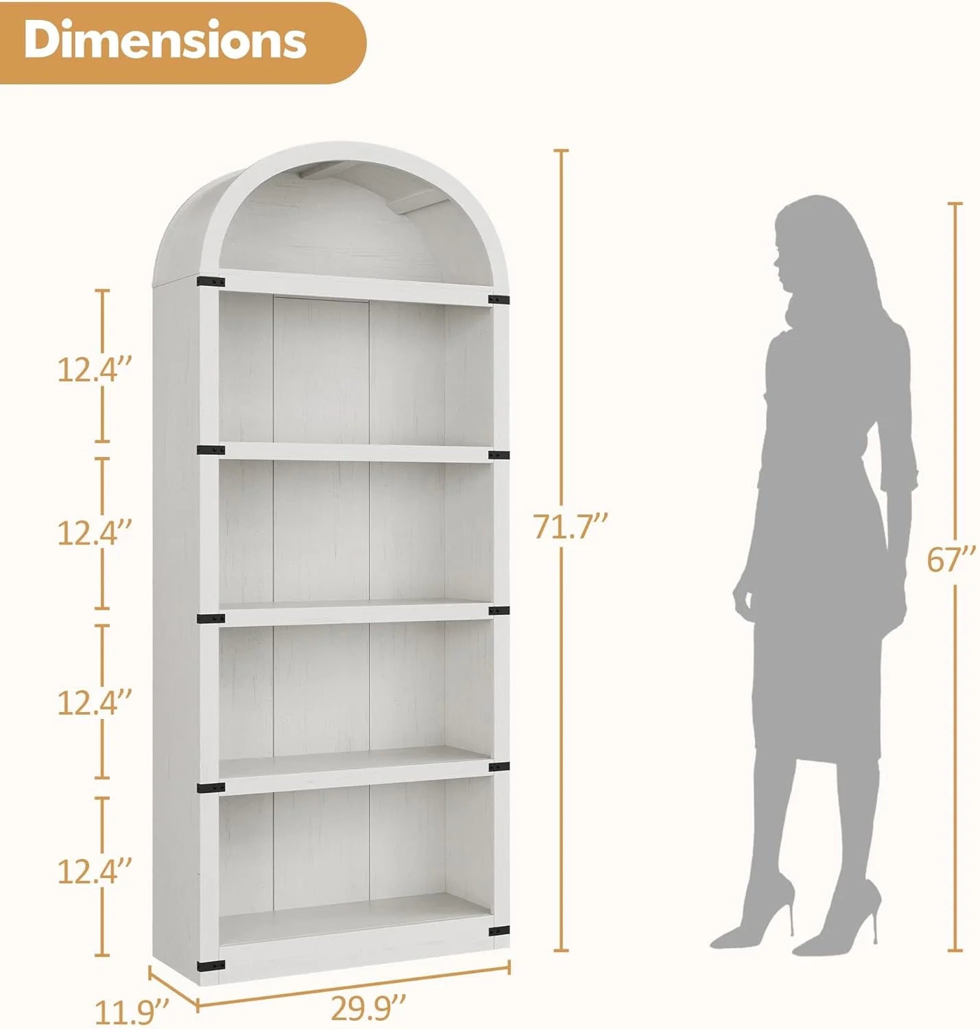 Accreate Bookcase 5 Shelf Arched Bookshelf 71.65in Tall Bookcase Farmhouse Display Storage Rack Wooden Bookshelves for Home office, Living Room