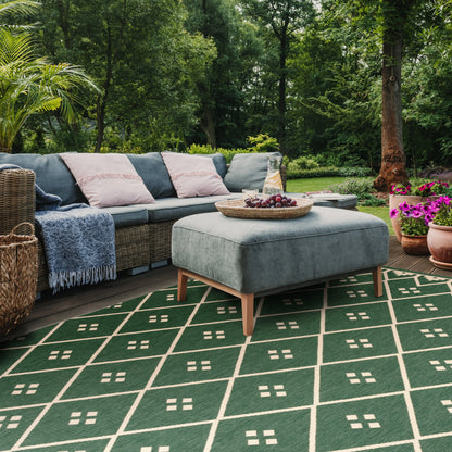 SAFAVIEH Courtyard Cori Bordered Indoor/Outdoor Area Rug, Dark Green/Beige, 9' x 12'