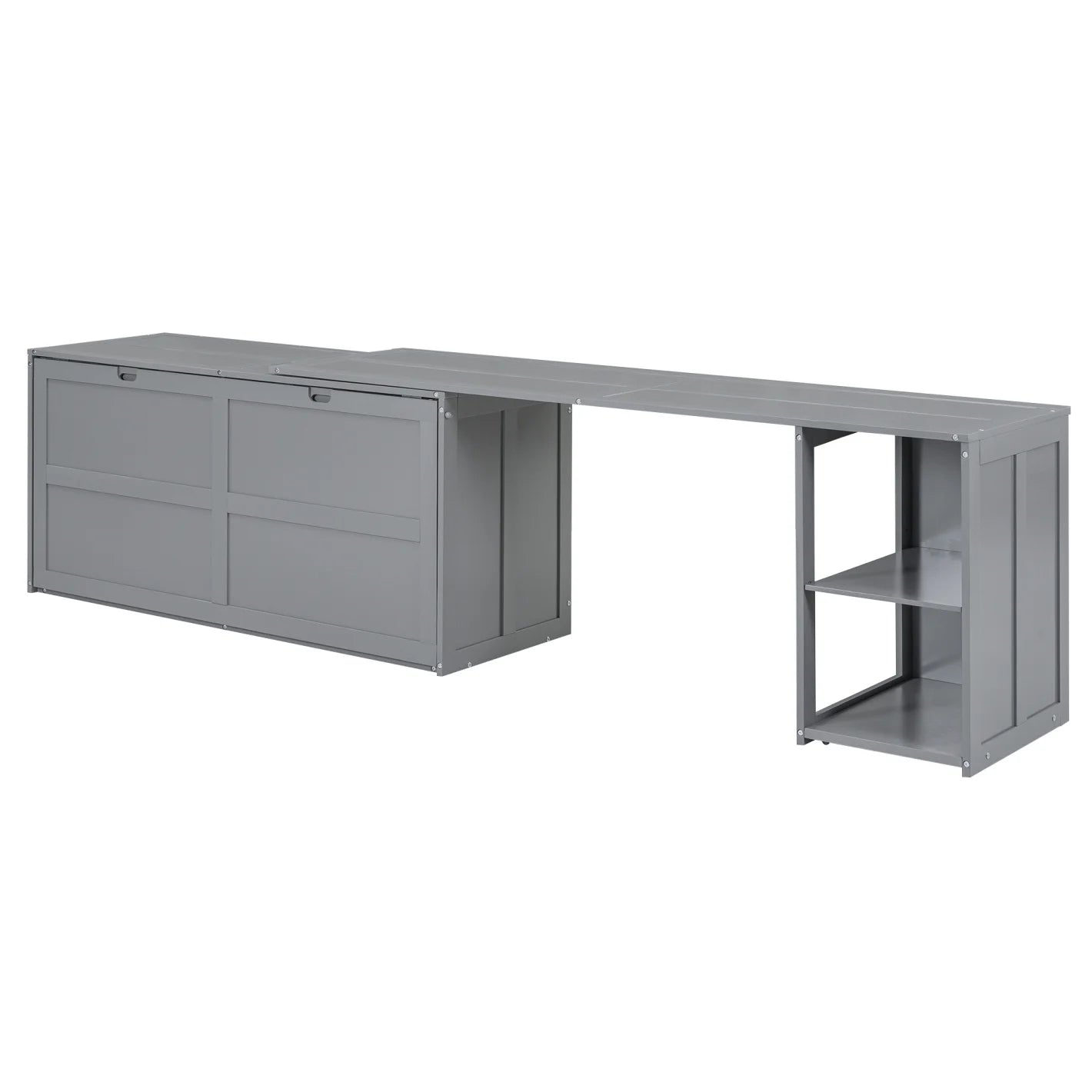 \ Queen Size Multi-Functional Cabinet,Wooden Foldable Platform BedFrame with Rotable Desk and Storage Shelves,Space-Saving Floor Bed Cabinet for Guest Room Home Office,Easy to Assemble,Gray