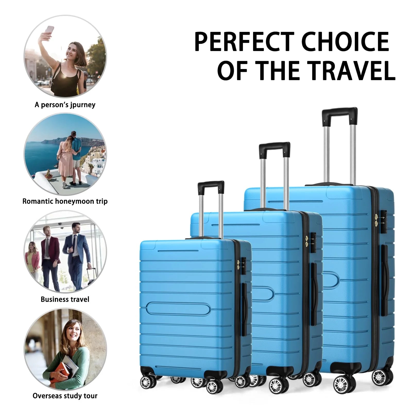ALPULON 3 Piece Luggage Sets with TSA Locks, Hardside Suitcase Set with Spinner Wheels, 20in24in28in, Light Blue