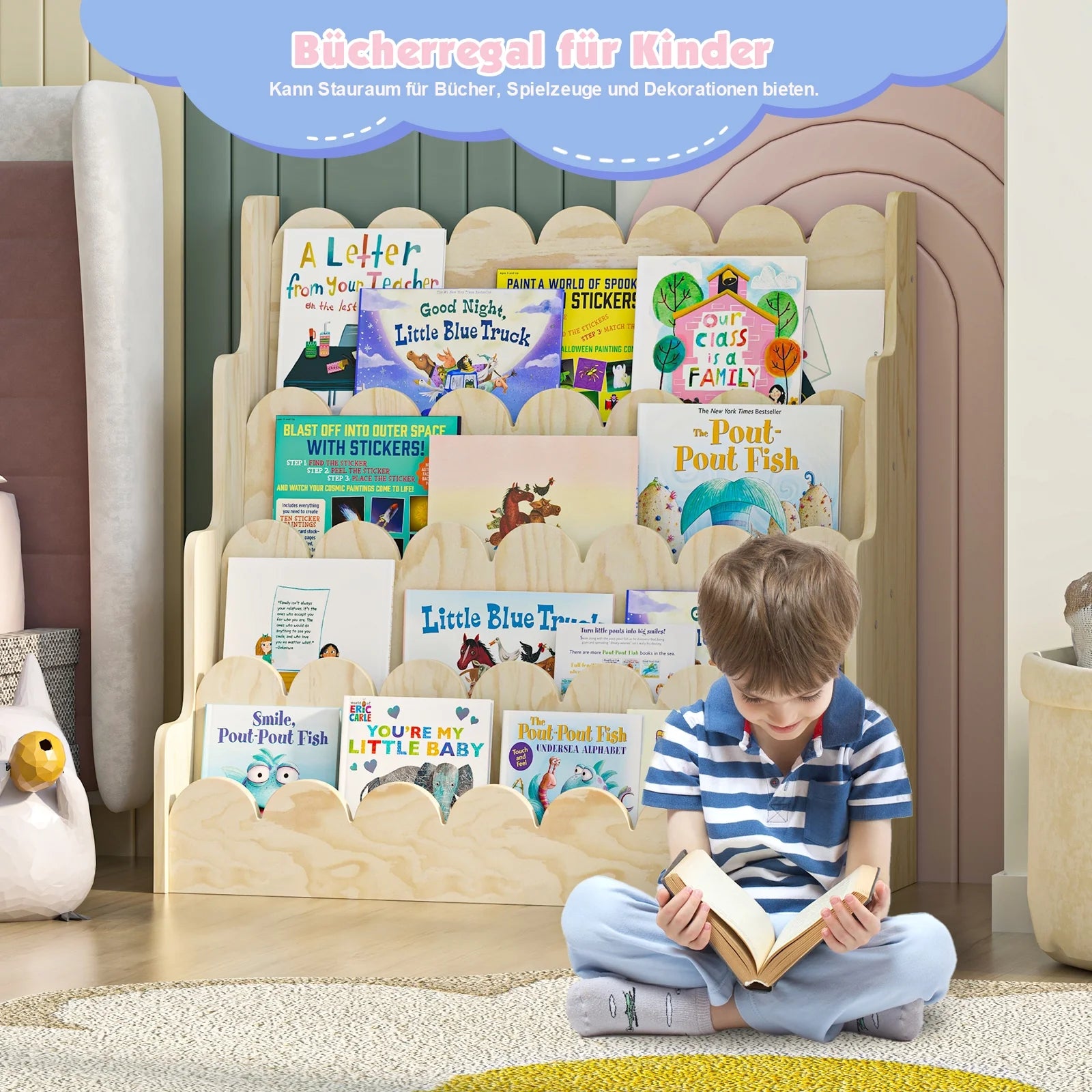 Montessori Wood Kids Bookshelf - Scalloped 4-Tier Front-Facing Book Display, Nursery Organizer for Toddler/Baby Books & Toys, Gender-Neutral Classroom Playroom Storage