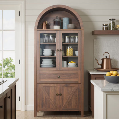 Lisonu 72" Arched Bookcase with Doors, Tall Dome Display Cabinet with Storage for Living Room or Home Office, Natural