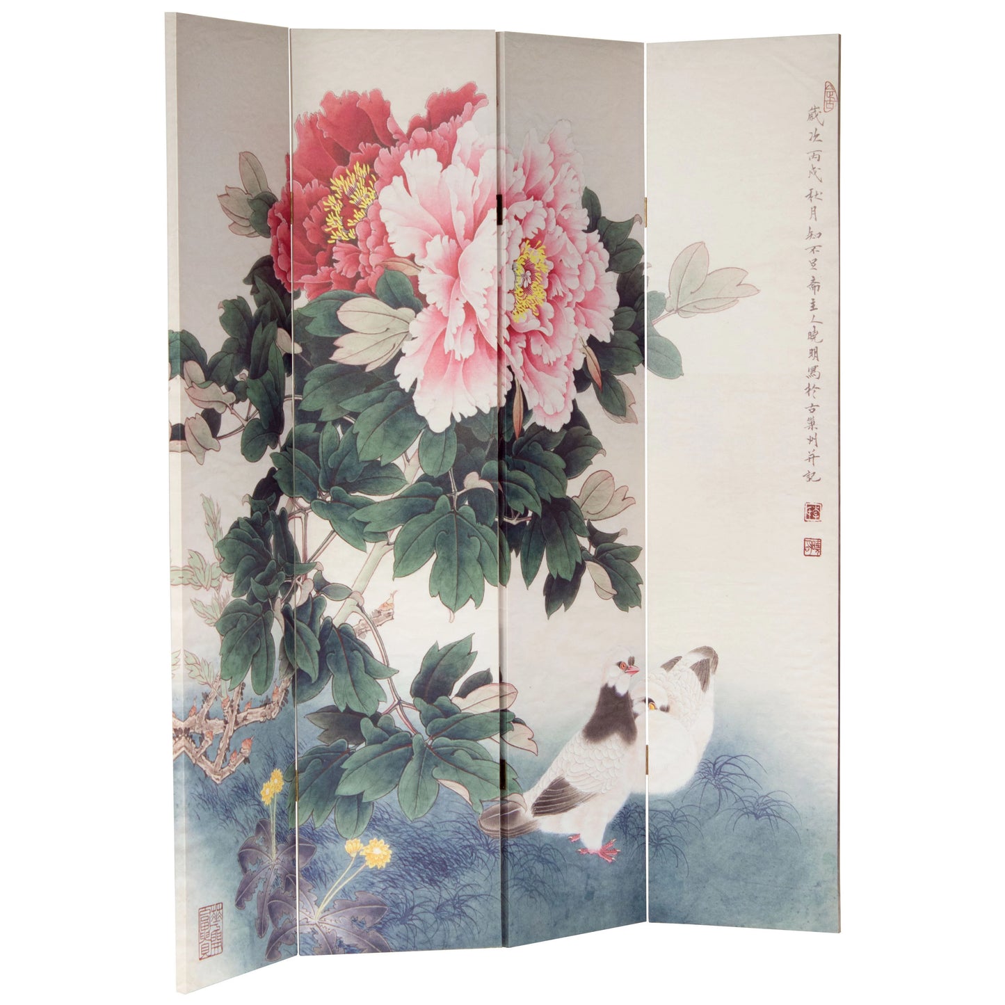 Oriental Furniture 6 Feet Tall Double Sided Doves and Peonies Canvas Room Divider
