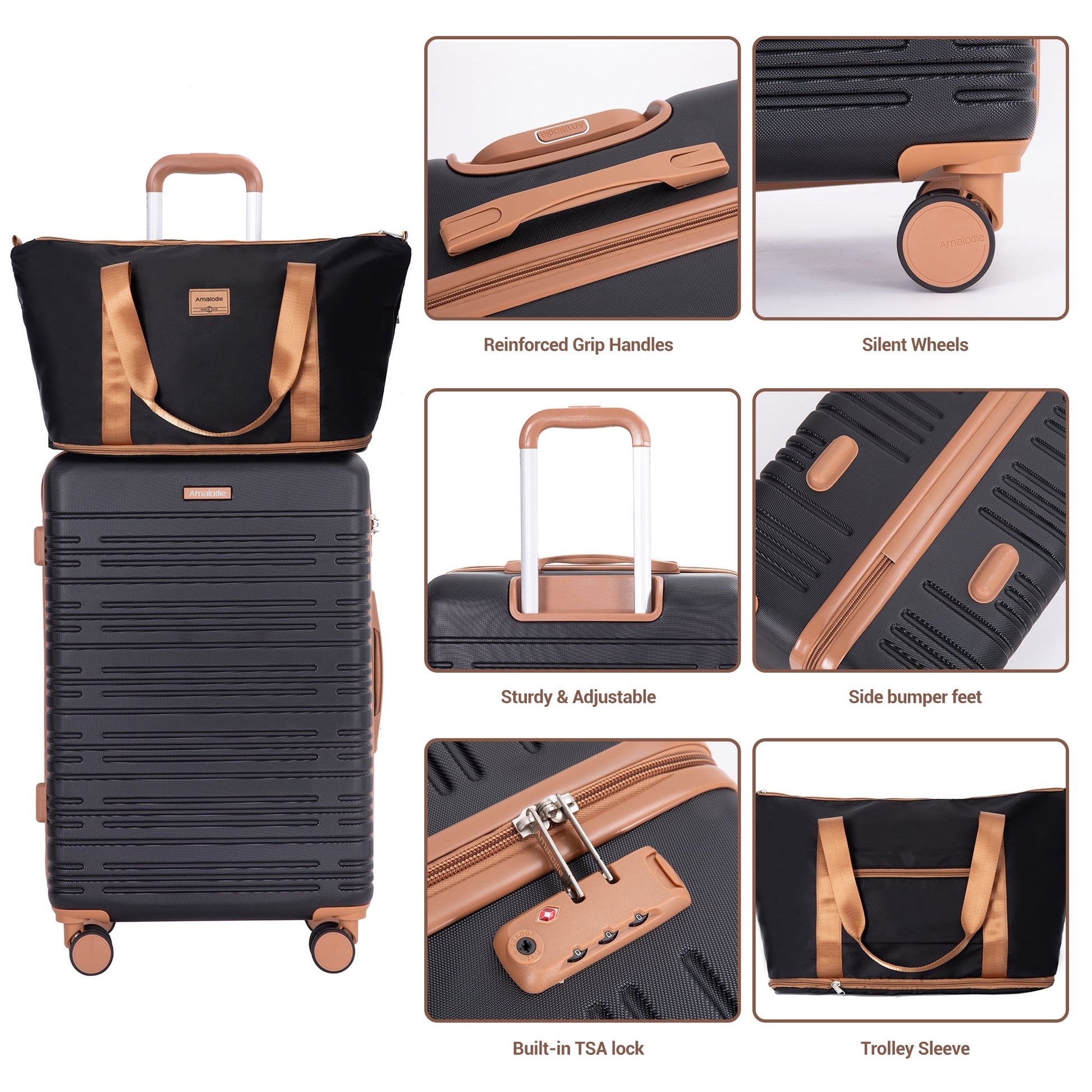 Hardside Luggage Sets 6 Piece, Hardshell Suitcase with TSA Lock Spinner Wheel and Travel Duffle Bag.Black
