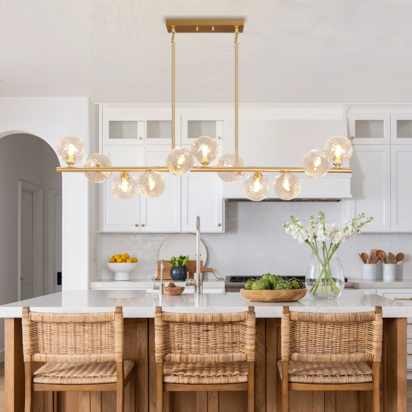 Lzawvm Dining Room Light Fixture with Swirled Glass Globe Linear Chandelier for Dining Room 11-Lights Pendant Lights Kitchen Island for Living Room Sputnik Gold 51inch