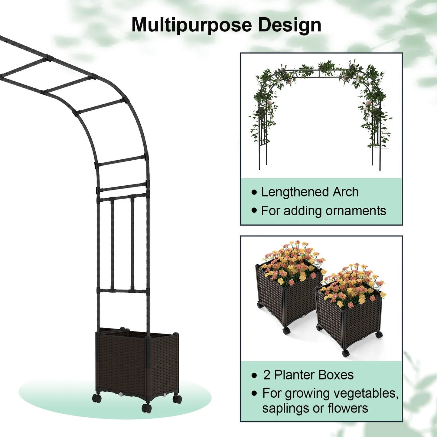 Costway 6.6 FT Tall Metal Garden Arbor with 2 Raised Garden Planters Arch Trellis Outdoor
