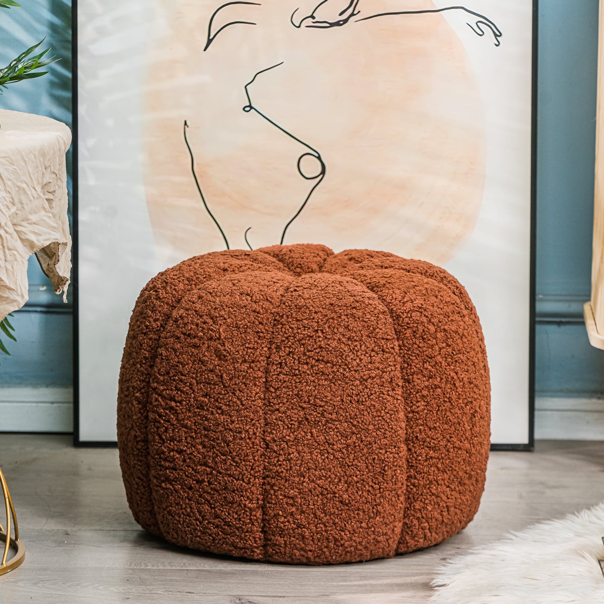 White Boucle with Stripes Pouf Vintage Style Living Room