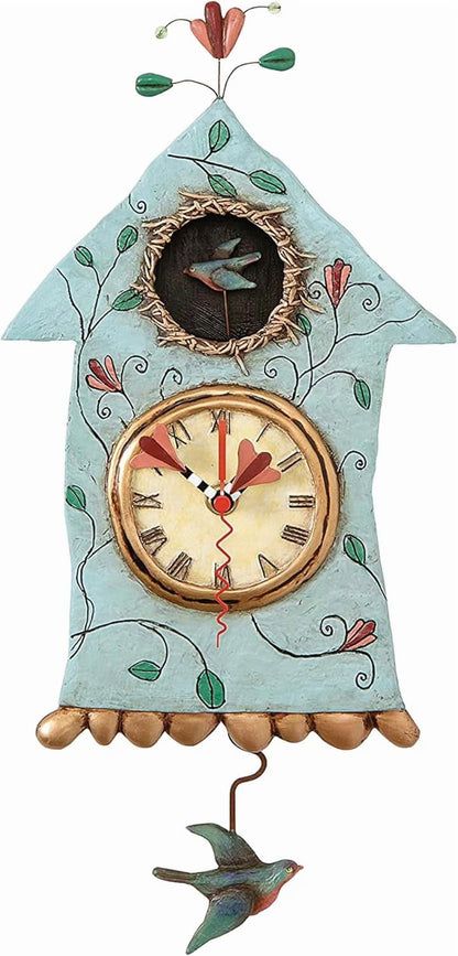 14.9 Inch | Stone Resin Decorative Clocks for Walls Home Decor Kitchen Clocks | Allen Designs Birdhouse with Flowers Cuckoo Wall Clock - Battery Operated Pendulum Analog Clock