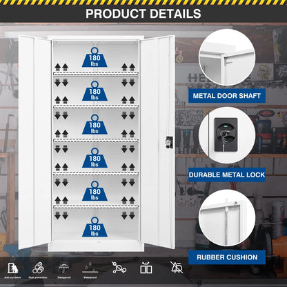 Fesbos Metal Garage Storage Cabinet,71" H Tall White Cabinet with 2 Doors and 5 Adjustbale Shelves,Lockable Tool Cabinet for Garage, Basement, Home Office