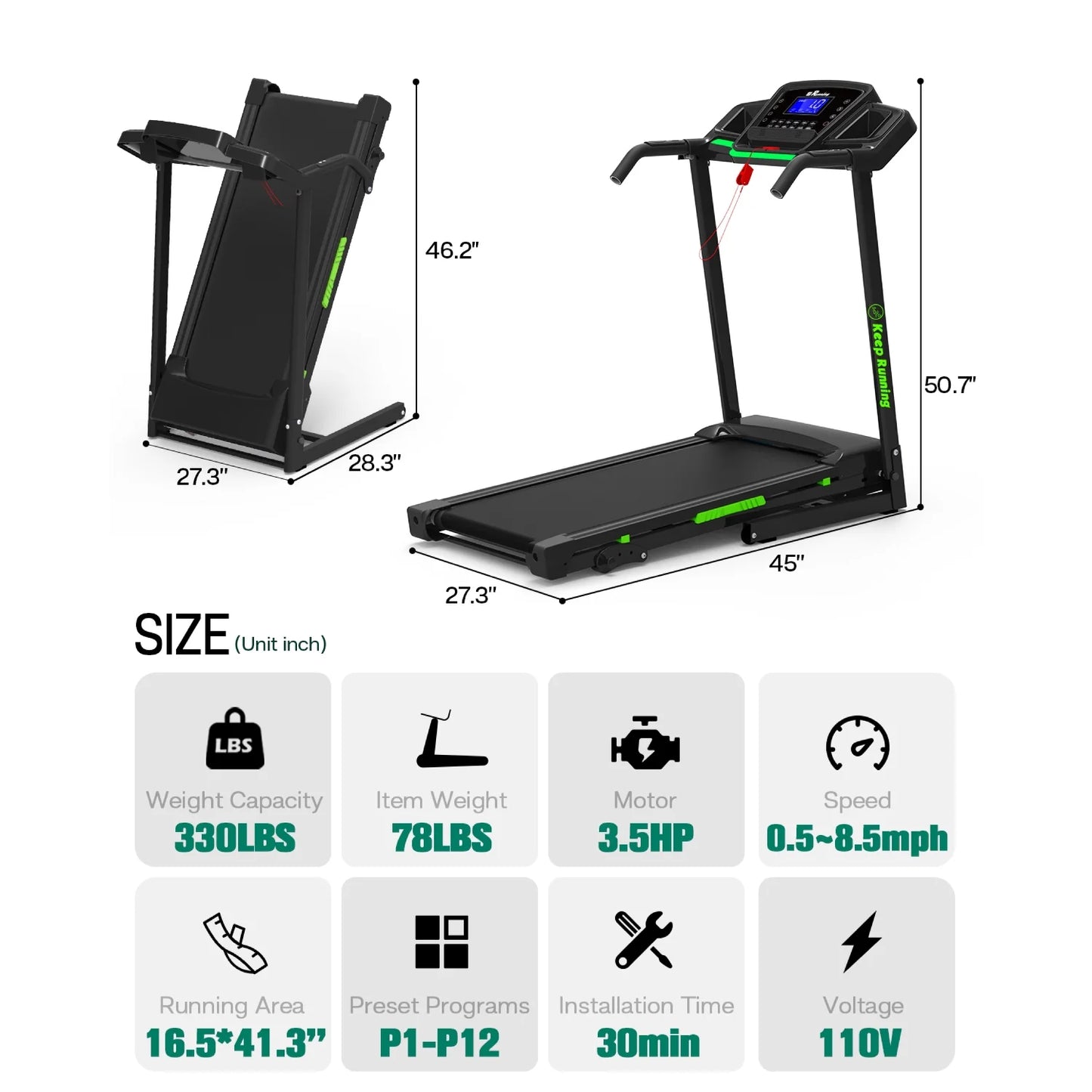 3.5HP 330 LBS Weight Foldable Electric Running Walking Machine with Bluetooth/APP for Home, Fitness Jogging Exercise, Easy Installation and Space Saver for Home Office Gym
