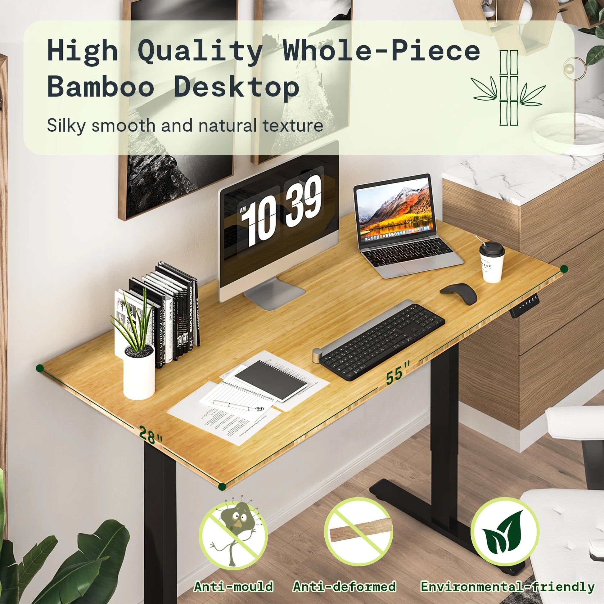 FlexiSpot 100% Bamboo Whole-Piece Desktop Ergonomic Electric Home Office Standing Desk Memory Controller 55''X28'' - Black