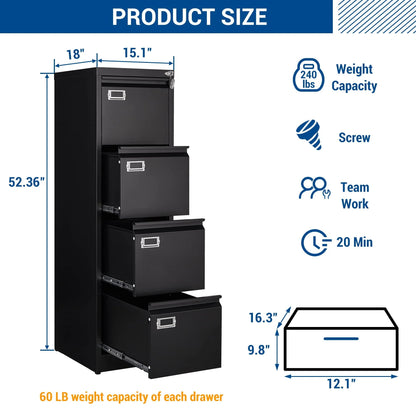 STANI 4 Drawer File Cabinet with Lock, Black Vertical Metal Filing Cabinets Home Office Storage File Cabinet for Hanging Files Folders Letter/Legal/A4 Size