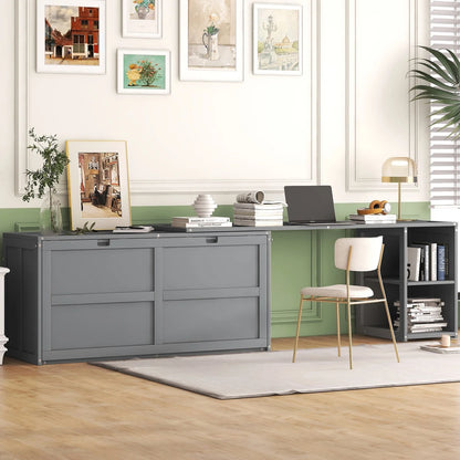 \ Queen Size Multi-Functional Cabinet,Wooden Foldable Platform BedFrame with Rotable Desk and Storage Shelves,Space-Saving Floor Bed Cabinet for Guest Room Home Office,Easy to Assemble,Gray